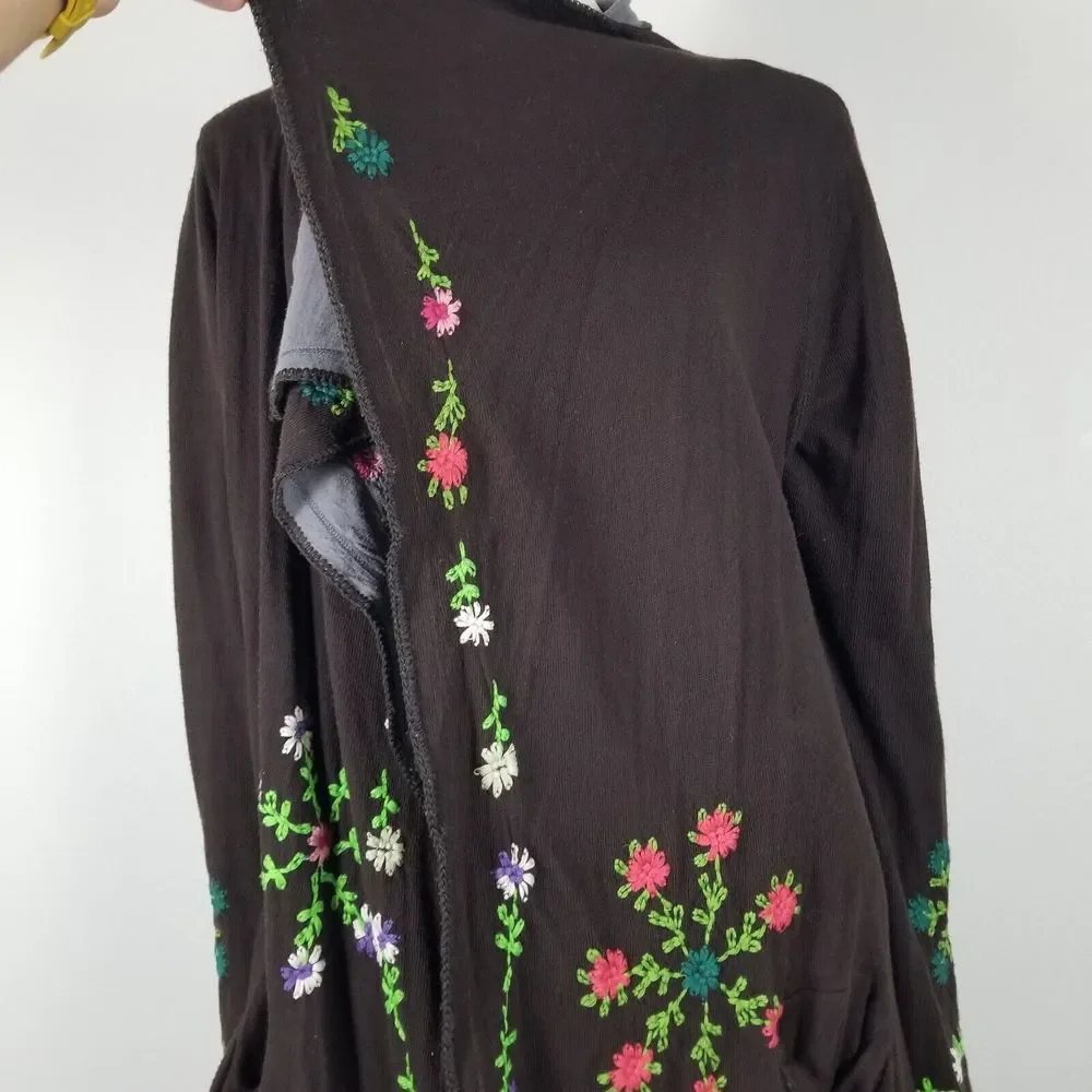 Biya Johnny Was Brown Floral Embroidered Waterfall Long Brown Cardigan Size M - Picture 4 of 15